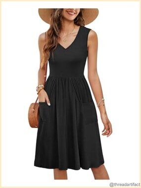 Sleeveless V-Neck A-Line Knee-Length Summer Dress with Pockets